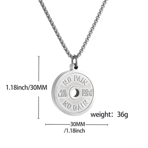 Stainless steel dumbbell weight plate necklace with No Pain No Gain motivational engraving