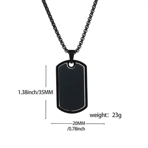 Black stainless steel dog tag necklace with matte finish and dimensions labeling