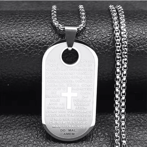 Men's stainless steel military tag necklace with engraved Lord's Prayer and hollow cross