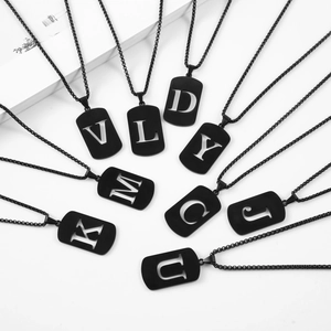 Matte black hollowed letter necklaces with military style tags and matching bead chains