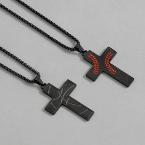 Collares de cruz en acero inoxidable negro mate con motivos de baloncesto y béisbol hombre