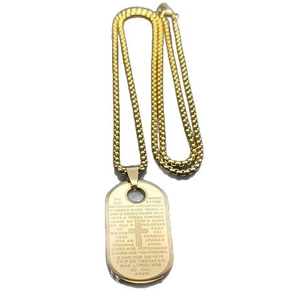 Gold stainless steel square pendant necklace with cross engraving and Portuguese prayer
