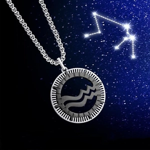 Aquarius zodiac pendant necklace in silver stainless steel with black matte wave symbol
