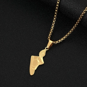 Golden stainless steel wing sneaker pendant necklace with a round box chain for men and women