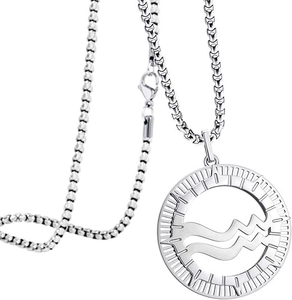 Detailed shot of silver Aquarius constellation pendant with sturdy box chain and lobster clasp