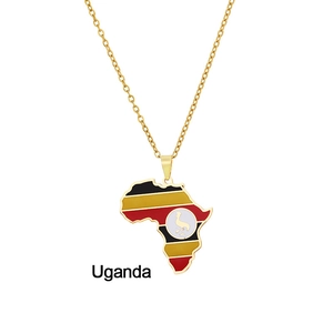 Gold stainless steel Uganda Africa map pendant necklace with national flag colors