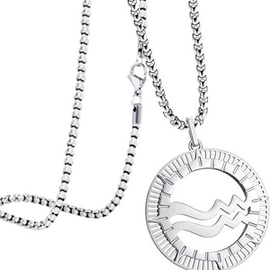 Silver Aquarius zodiac pendant necklace in stainless steel with a round hollow design