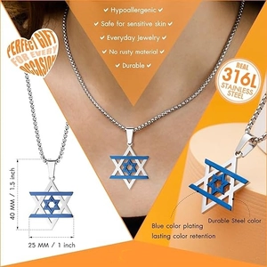 Détail du pendentif Étoile de David en acier 316L avec incrustation bleue et dimensions