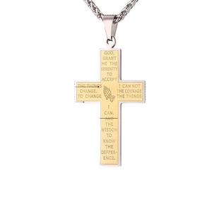 Collana con croce in acciaio bicolore con preghiera della serenità e catena a spiga