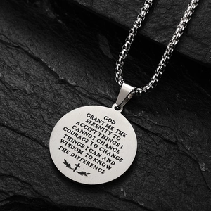 Silver stainless steel Serenity Prayer round pendant necklace with engraved cross on rock
