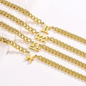 Golden zodiac sign pendant necklaces with Cuban link chains on a marble background