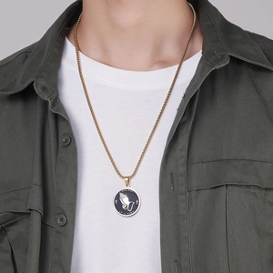 Gold stainless steel box chain necklace with One Day At A Time praying hands pendant