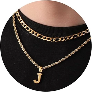 Stainless Steel Double Layered Initial Necklace For Men Women Figaro Rope Chain Letter Pendant Personalized Fashion Jewelry