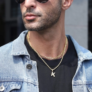 Men's gold double-layer Cuban and rope chain necklace with letter K pendant set