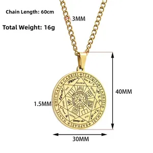 Collier pendentif sceau des Archanges en acier doré avec chaîne 60cm et dimensions