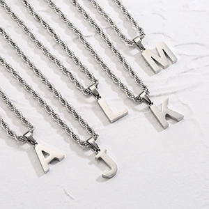 Mens silver stainless steel double-layered twisted Cuban chain with alphabet pendant