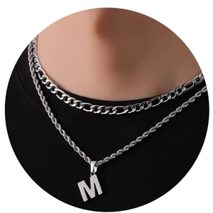 Double-layered stainless steel Cuban and twist chain necklace with letter M pendant