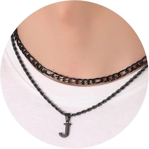 Men's double layer stainless steel Cuban chain necklace with matte black letter J pendant