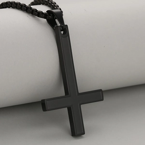 Men's vintage black inverted cross pendant necklace in matte stainless steel with box chain