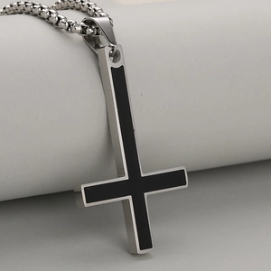 Men's vintage stainless steel upside down cross pendant with black enamel on a chain