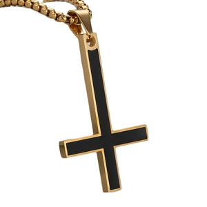 Gothic gold stainless steel box chain necklace with black enamel inverted cross pendant