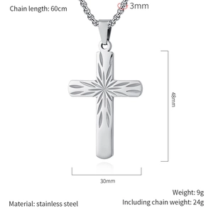 Detail of silver stainless steel cross pendant with box chain and size measurements