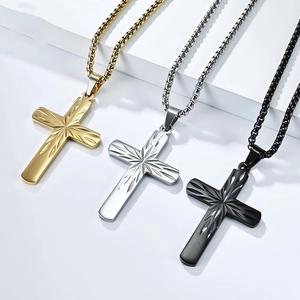 Stainless Steel Cross Necklace Sunburst Pattern Pendant Jewelry Men Women Minimalist Box Chain Religious Daily Wear Gift
