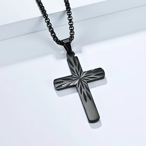 Mens minimalist black stainless steel cross necklace with sunburst radial engravings