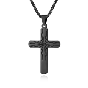 Men's minimalist black stainless steel cross necklace with starburst engraved pattern