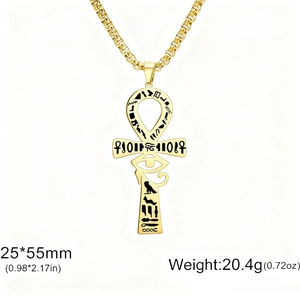 Gold stainless steel Egyptian Ankh cross pendant necklace with Horus eye engraving