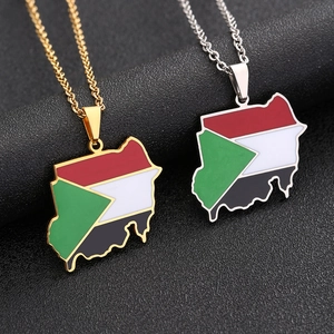 Collier Pendentif Carte de la République du Soudan en Acier Inoxydable Couleur Or Argent Émail Drapeau National Bijoux pour Homme Femme