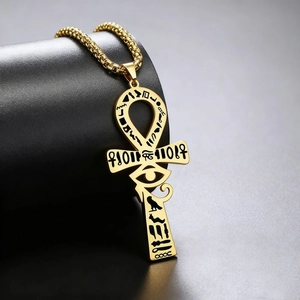 Golden stainless steel Ankh cross necklace with Eye of Horus and Egyptian hieroglyphs