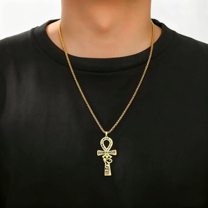 Golden Ankh cross necklace with Eye of Horus pendant for men on braided chain