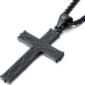 Collar de cruz celta para hombre en acero negro mate con cadena de caja pulida