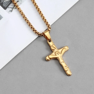 Minimalist gold stainless steel cross necklace with box chain and relief texture design