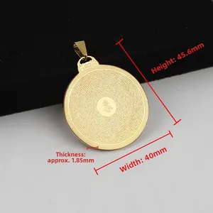 Detailed dimensions of the round gold stainless steel Buddhist pendant with scriptures