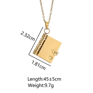 Golden stainless steel book pendant necklace for women with size measurement details
