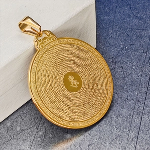Golden stainless steel Buddhist pendant necklace with engraved scriptures and sacred symbols