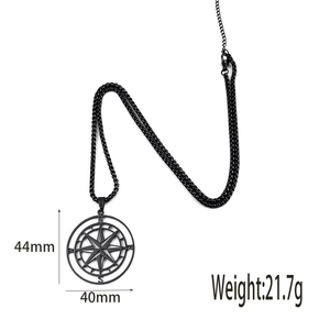 Black stainless steel compass pendant necklace with star design 44mm size for unisex