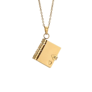Minimalist gold stainless steel book pendant necklace with heart detail for women