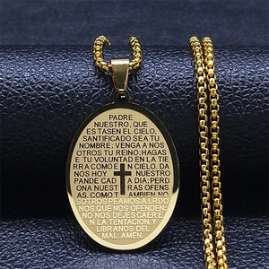 Stainless Steel Oval Religious Cross Pendant Necklace Spanish Lord's Prayer Engraved Padre Nuestro Crucifix Jewelry