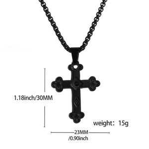 Mattschwarze Edelstahl Kreuzkette mit Vintage-Blumenakzenten und runder Gliederkette
