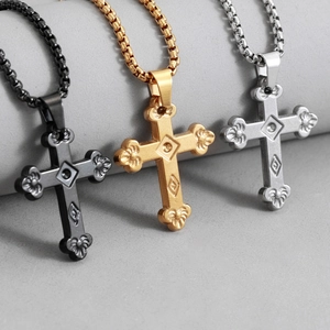 Vintage Edelstahl Kreuz Anhänger Halskette Relief Blumentextur Venezianerkette Hochwertiger Religiöser Unisex Schmuck Zubehör