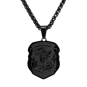 Saint Michael Archangel shield pendant necklace in matte black stainless steel with chain