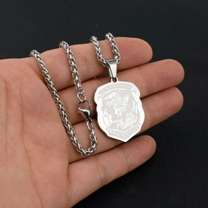 Saint Michael Archangel shield pendant necklace in polished stainless steel for men and women