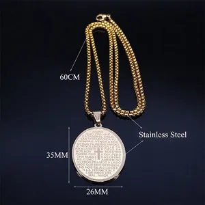 Vintage stainless steel gold oval necklace with engraved Lord's Prayer and cross pendant