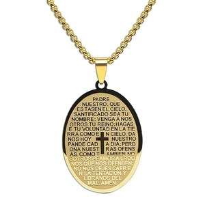 Oval stainless steel necklace with engraved Spanish Lord’s Prayer and cross pendant