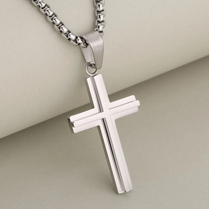 Polished double-layered stainless steel cross pendant necklace with box chain for men