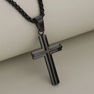 Minimalist double-layered black stainless steel cross necklace with a matte box chain