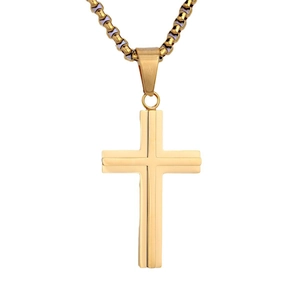 Fashionable double-layer gold stainless steel cross necklace for men on white background